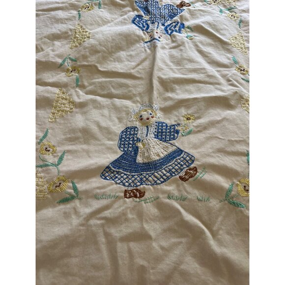 Vtg hand Embroidered Tablecloth  Dutch Girl &Floral kitschy table top  decor - Picture 2 of 12